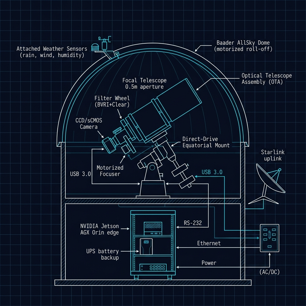 Observatory Hardware Layout — Cross-Section Schematic